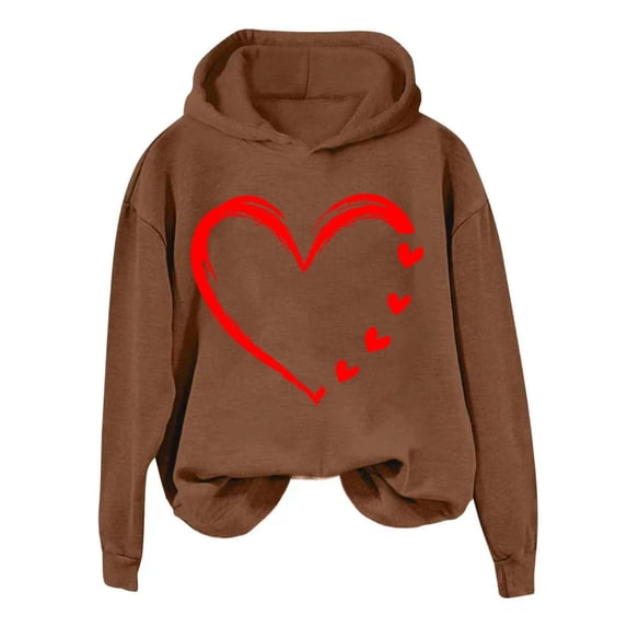 Goodeals Valentines Day Hoodies for Women Funny Love Heart Print Hooded Oversized Fleece Sweatshirts Casual Trendy Valentine Pullover Sweaters(Brown,L)Clearance Sales