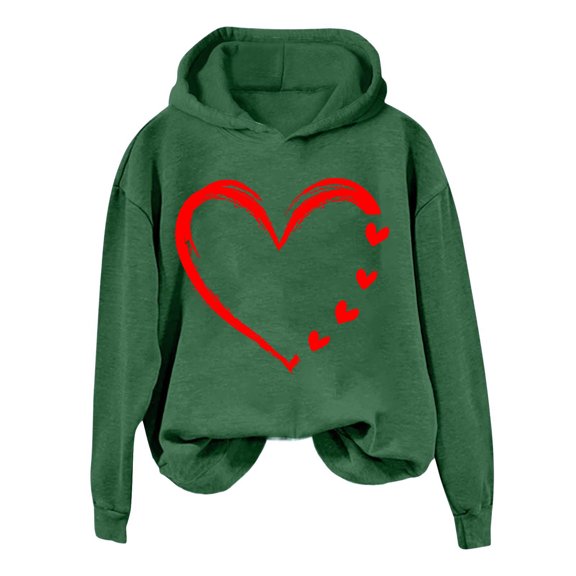 Goodeals Valentines Day Hoodies for Women Funny Love Heart Print Hooded Oversized Fleece Sweatshirts Casual Trendy Valentine Pullover Sweaters(Green,L)Reduced
