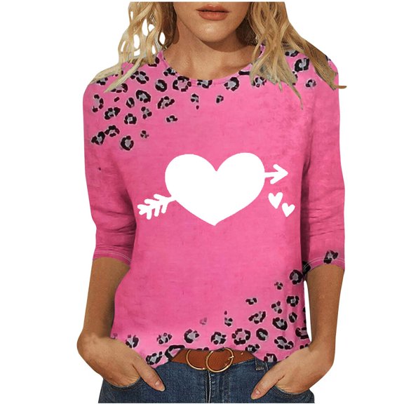 Goodeals Valentines Day Shirts for Women Plus Size Blouses Love Heart Graphic Tees Soft Comfy /4 Length Sleeve Pullover Top Crewneck Loose Tunic Tees(Pink,XXXL)