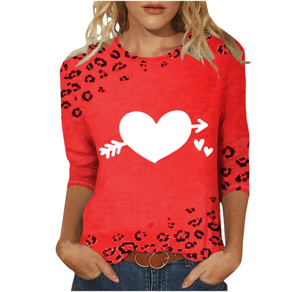 Goodeals Valentines Day Shirts for Women Plus Size Blouses Love Heart Graphic Tees Soft Comfy /4 Length Sleeve Pullover Top Crewneck Loose Tunic Tees(Wine,M)