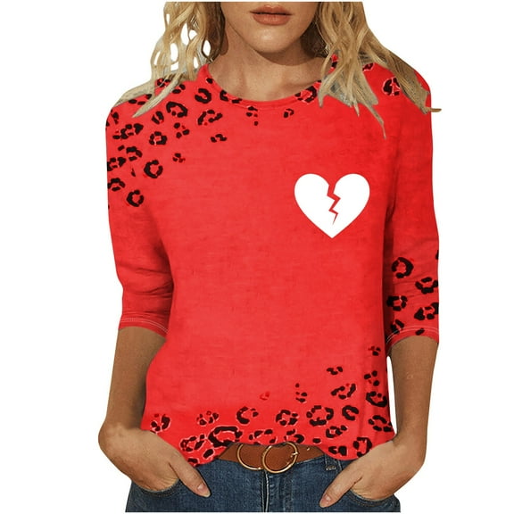 Goodeals Valentines Day Shirts for Women Plus Size Blouses Love Heart Graphic Tees Soft Comfy /4 Length Sleeve Pullover Top Crewneck Loose Tunic Tees(Wine,M)