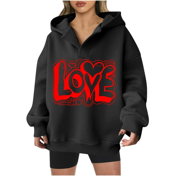 Goodeals Valentines Day Sweatshirt Women Oversized Love Heart Hoodie Shirt V Neck Pullover Valentine's Heart Long Sleeve Hooded Tops 2025 Clothes(Black,L)Deals