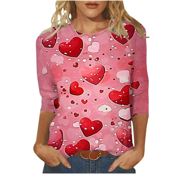 Goodeals Valentines Shirts Heart Cute Women T Shirts 3/4 Sleeve Shirts for Teen Girls Soft Comfy Raglan Tops Crew Neck Casual Loose Fit Tunic Top(Multicolor,XXXL)