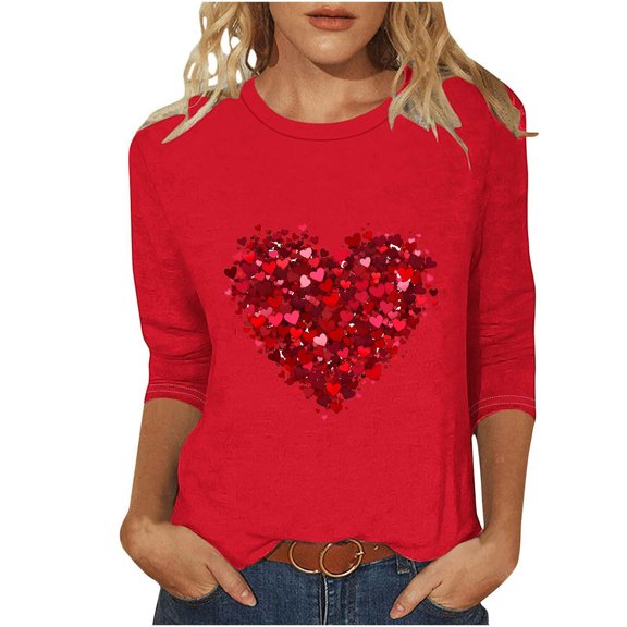 Goodeals Women 2025 Valentines Shirts Spring 3/4 Sleeve Tunic Tops Cute Heart Print Gift Blouse Trendy Aesthetic 3D Print Tunic Top(Red,XL)