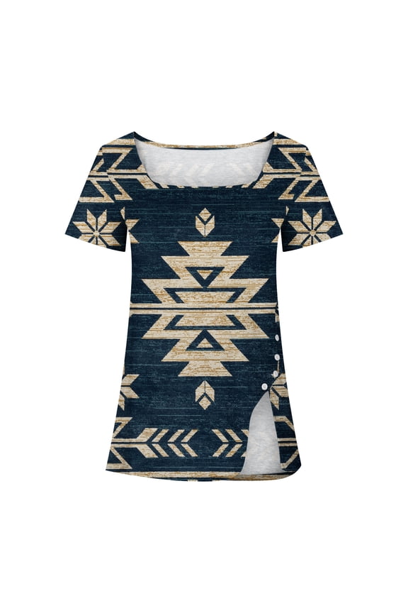 Women Aztec Graphic T-Shirt Summer Square Neck Tops Classic Short Sleeve Sport Tees Teen Girls Novelty Streetwear(Blue,S)Clearance