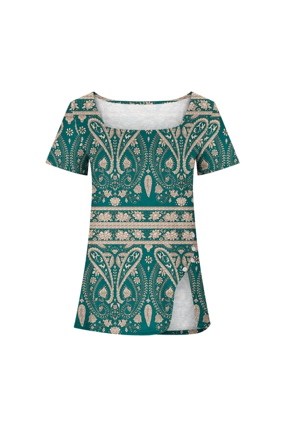 Women Aztec Graphic T-Shirt Summer Square Neck Tops Classic Short Sleeve Sport Tees Teen Girls Novelty Streetwear(Green,L)Reduced