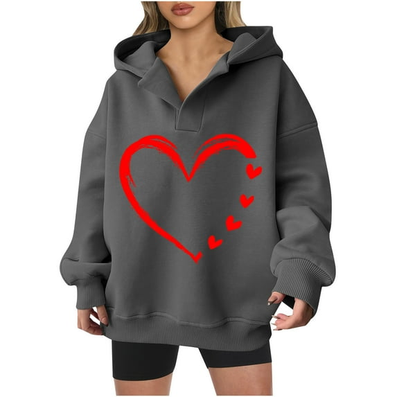 Goodeals Women Hoodie Oversized V Neck Sweatshirts Valentine's Day Fashion Long Sleeve Pullover Sweater 2025 Trendy Preepy Teen Girls Hoodies(Dark Gray,XL)Clearance Deals