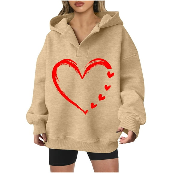 Goodeals Women Hoodie Oversized V Neck Sweatshirts Valentine's Day Fashion Long Sleeve Pullover Sweater 2025 Trendy Preepy Teen Girls Hoodies(Khaki,M)Reduced