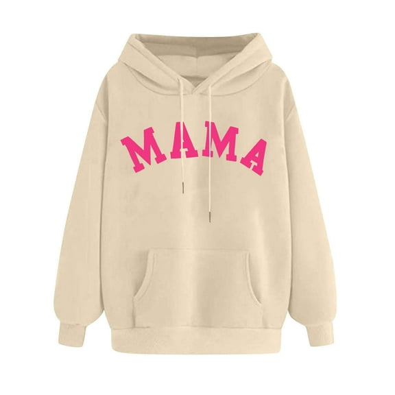 Women Personalized Mama Embroidered Hooded 2025 Cute Sweatshirts Fashion Custom Gifts for Mother's Day,Loose Casual Hoodies,Crewneck Long Sleeve Outfits(Beige,XXL)