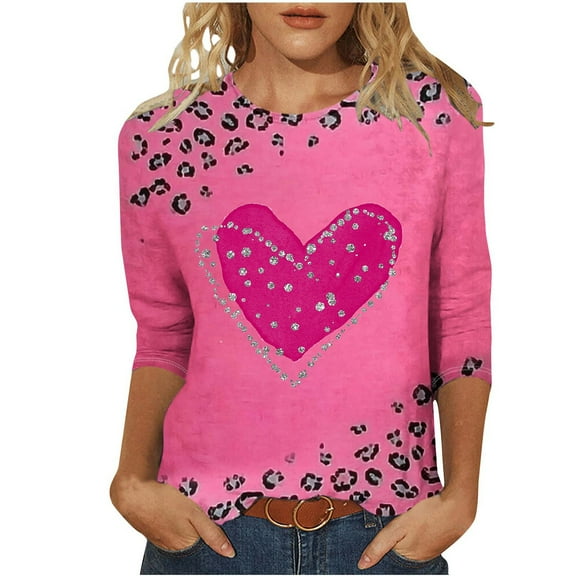 Goodeals Women-Plus-Size Tops Valentines Day Shirts Cute Heart Graphic 3/4 Sleeve T Shirts Causal Fashion Loose Blouses(Pink,XXXXXL)