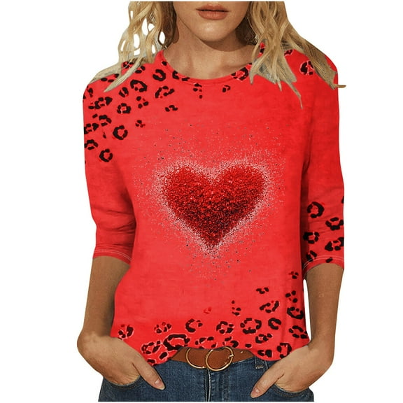 Goodeals Women-Plus-Size Tops Valentines Day Shirts Cute Heart Graphic 3/4 Sleeve T Shirts Causal Fashion Loose Blouses(Wine,XXL)