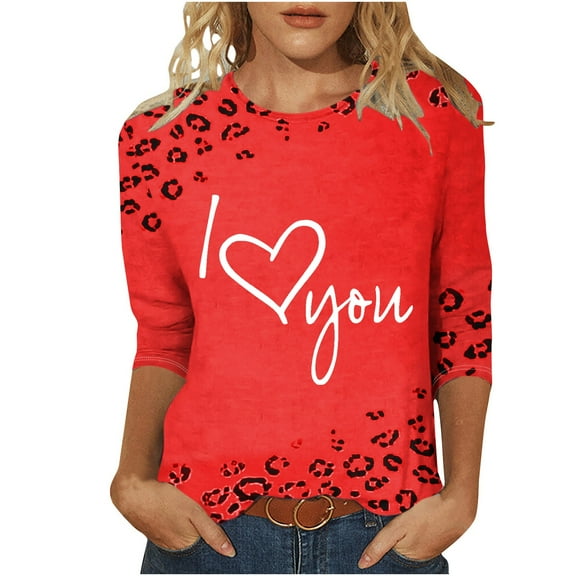 Goodeals Women-Plus-Size Tops Valentines Day Shirts Cute Heart Graphic 3/4 Sleeve T Shirts Causal Fashion Loose Blouses(Wine,XXL)