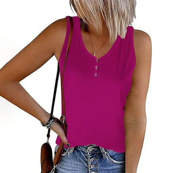 Goodeals Women Ribbed Tank Tops Casual Button Down Henley Shirts Loose Fit Summer V Neck Camisole Lightweight Stretch Soft Clothes(Hot Pink,XL)