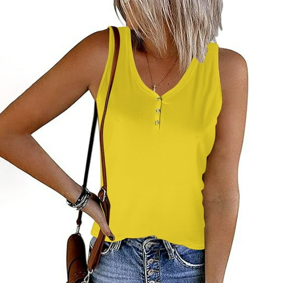 Goodeals Women Ribbed Tank Tops Casual Button Down Henley Shirts Loose Fit Summer V Neck Camisole Lightweight Stretch Soft Clothes(Yellow,M)