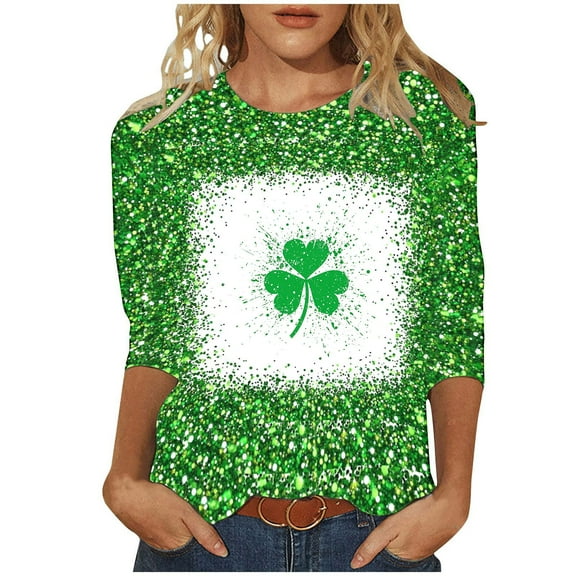 Goodeals Women Shamrock Irish 3/4 Sleeve Tops Funny St Patricks Day Shirt 3/4 Sleeve Cute Lucky Printed Graphic Tee T Shirts Clothes(Green,XXXXXL)