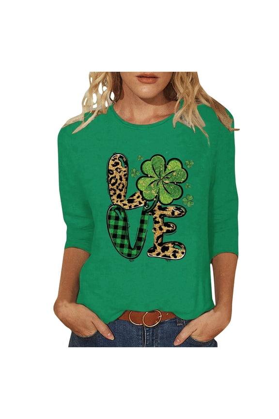 Women St Patricks Day T Shirts Leopard Love Letter Print Tops Lucky Irish Shamrock Clover Blouse Tunic Top Casual Crewneck 3/4 Sleeve Shirts(Green,XL)