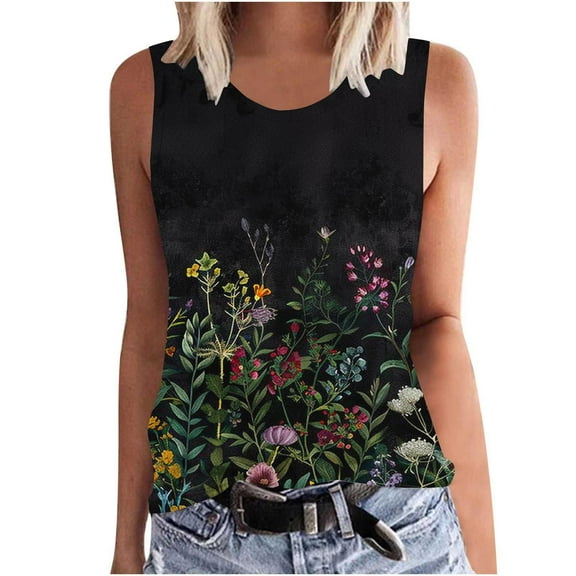 Goodeals Women Summer Tops Sleeveless Tank Loose Fit Crew Neck Sleeveless T Shirts Floral Cute Dress Blouse Printed Tunic Tee Top(Black,S)