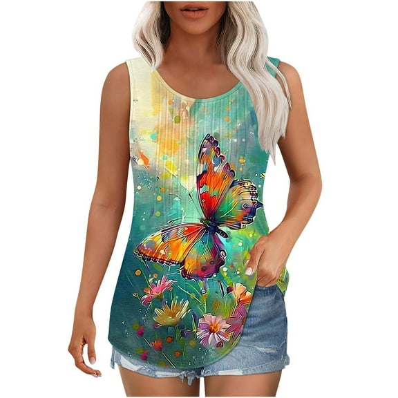 Goodeals Women Tank Tops Trendy Butterfly Pleated Blouses 2025 Summer Crewneck Shirts Sleeveless Flowy Loose Tunic Tees Curved Hem Outfits(Multicolor,XL)