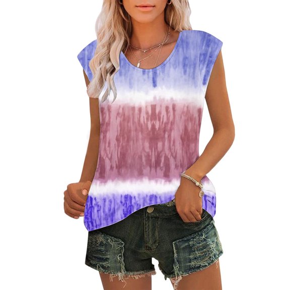 Goodeals Women Tie Dye Tank Tops Summer Sleeveless Loose Shirts Color Block Crewneck T Shirts(Dark Blue,XXL)