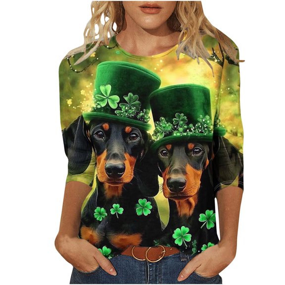 Women's 3/4 Length Sleeve T Shirts St Pattys Day Tops Leprechaun Hat Funny Dog Irish Lucky Clover Print Shirts Loose Fit Fashion Casual Tunic Blouses(Green,XXL)