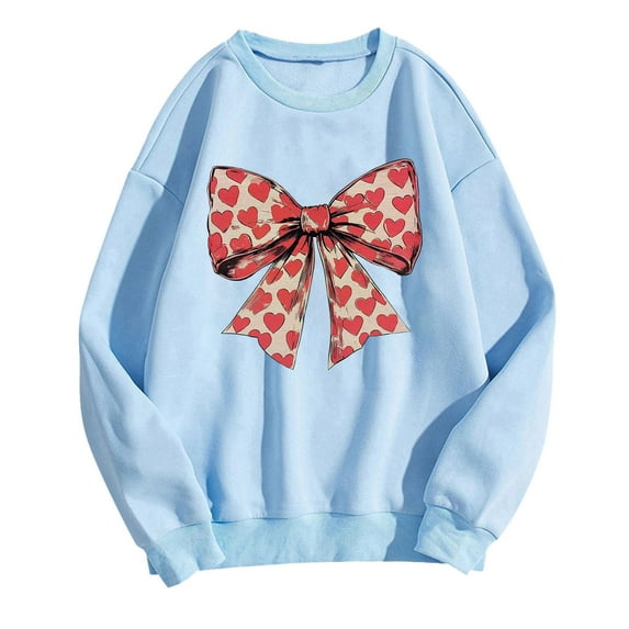 Women's Bow Sweatshirts Fleece Valentine's Day Shirts Long Sleeve Comfy Pullover Tops(Light Blue,XXL)