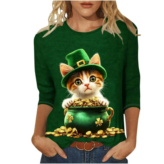 Goodeals Women's Saint Patrick's Day T Shirts Cute Cat Irish Shamrock Green Tshirt 3/4 Length Sleeve Womens Tops Funny Saint Patricks Day Tee Shirt(Green,XXL)