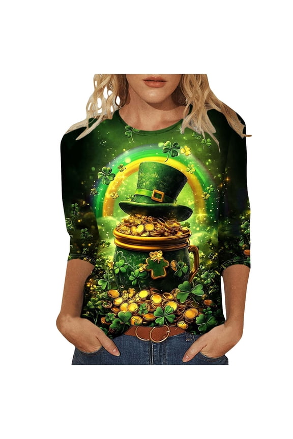 Women's Saint Patrick's Day T Shirts Cute Cat Irish Shamrock Green Tshirt 3/4 Length Sleeve Womens Tops Funny Saint Patricks Day Tee Shirt(Green,L)