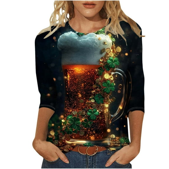 Goodeals Women's Saint Patrick's Day T Shirts Cute Cat Irish Shamrock Green Tshirt 3/4 Length Sleeve Womens Tops Funny Saint Patricks Day Tee Shirt(Green,S)