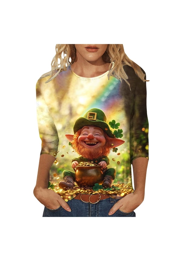 Women's Saint Patrick's Day T Shirts Cute Cat Irish Shamrock Green Tshirt 3/4 Length Sleeve Womens Tops Funny Saint Patricks Day Tee Shirt(Green,XXXL)