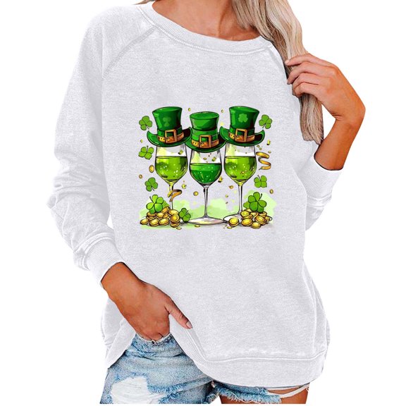 Goodeals Women's St. Patrick's Day Crewneck Long Sleeve Sweatshirts Cute Leprechaun Green Lucky Shamrock Graphic Shirts Ireland Clover Crewneck Clothes(White,XXL)