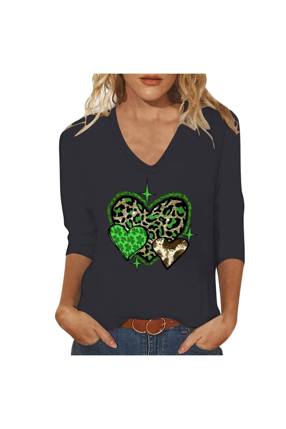 Women's St Patricks Day Shirt,V Neck 3/4 Sleeve Casual Top,Irish Shamrock St Patty's Day T Shirts, Irish Shamrock Printed Holiday Tops(Black,M)