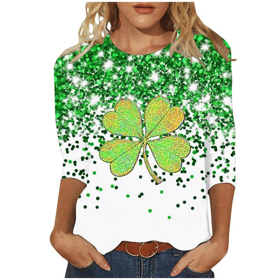 Goodeals Women's St Patricks Day T Shirt Casual 3/4 Sleeve Tops Lucky Irish Shamrock Graphic Tees USA Flag Clover Blouse Tunic Top 2025 Trendy(Multicolor,XXL)