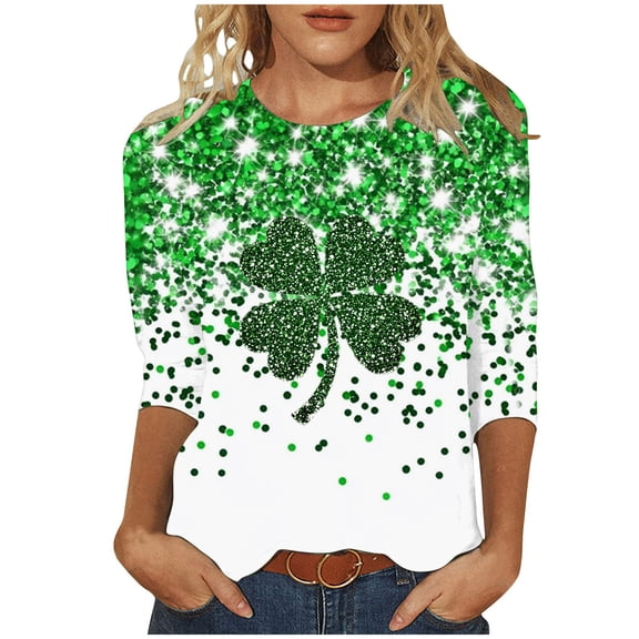 Goodeals Women's St Patricks Day T Shirt Casual 3/4 Sleeve Tops Lucky Irish Shamrock Graphic Tees USA Flag Clover Blouse Tunic Top 2025 Trendy(Multicolor,L)