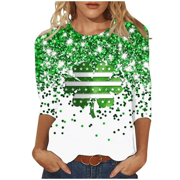 Goodeals Women's St Patricks Day T Shirt Casual 3/4 Sleeve Tops Lucky Irish Shamrock Graphic Tees USA Flag Clover Blouse Tunic Top 2025 Trendy(Multicolor,XXL)