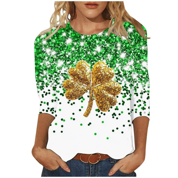 Women's St Patricks Day T Shirt Casual 3/4 Sleeve Tops Lucky Irish Shamrock Graphic Tees USA Flag Clover Blouse Tunic Top 2025 Trendy(Multicolor,XXXXL)
