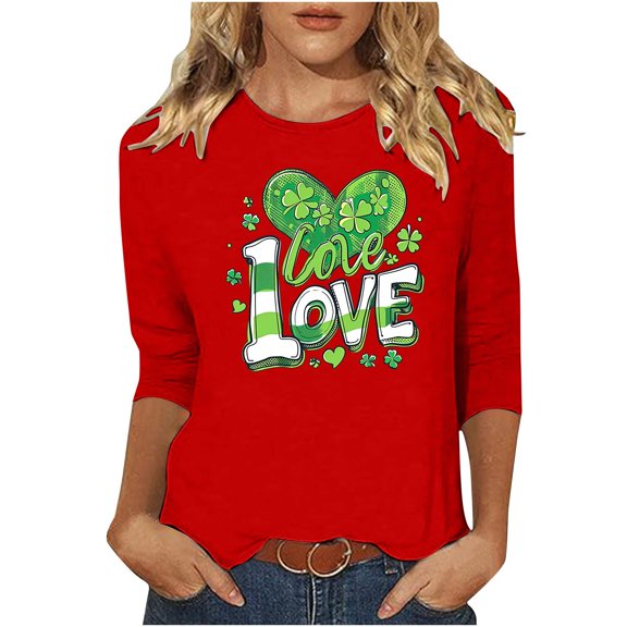 Goodeals Women's T Shirts Cute Heart Shamrock Graphic Tees Crewneck 3/4 Sleeve Loose Tops Fashion Irish Tunic Top Fashion Outfit(Red,XL)