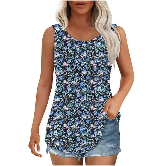 Goodeals Women's Tank Tops Pleated Floral Printed Tunic Shirts Sleeveless Crewneck Blouses 2025 Summer Dressy Casual Loose Spring T Shirts(Multicolor,L)