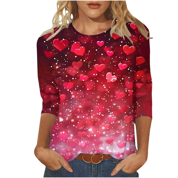 Goodeals Womens 3/4 Sleeve Crewneck Valentine's Day T Shirts 2025 Cute Love Heart Printed Graphic Tee Tops Spring Tunic Top(Multicolor,S)