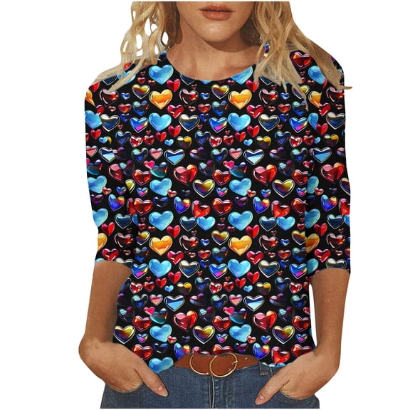 Goodeals Womens 3/4 Sleeve Crewneck Valentine's Day T Shirts 2025 Cute Love Heart Printed Graphic Tee Tops Spring Tunic Top(Multicolor,XL)