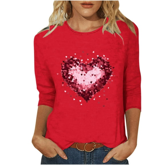 Goodeals Womens 3/4 Sleeve Crewneck Valentine's Day T Shirts 2025 Cute Love Heart Printed Graphic Tee Tops Spring Tunic Top(Red,L)