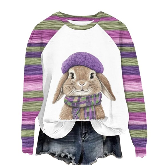 Goodeals Womens Easter Bunny Sweatshirt Casual Plaid Long Sleeve Shirts Fashion Cute Rabbit Tops Oversized Loose Fit Tops(Purple,M)