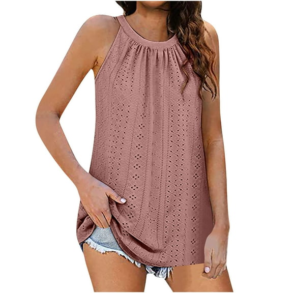 Goodeals Womens Eyelet Embrodiery Halter Tank Tops Loose Fit Pleated Sleeveless Shirts Summer Solid Color Curve Hem Flowy Blouses(Watermelon Red,M)