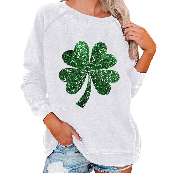 Goodeals Womens Loose Sweatshirts Lucky Green Glitter Graphic Pullover Tops Casual Fashion Long Sleeve Shirt Lucky Clover Irish Sweatshirts Saint Patrick's Outfits(White,L)