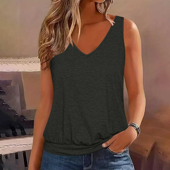 Goodeals Womens Sleeveless V Neck Tank Tops Yoga Sport Camisoles Summer Loose Solid Color Shirts Banded Bottom(Black,XXXL)