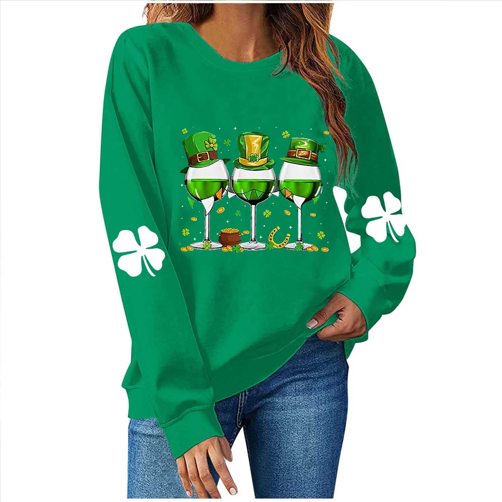 YOPLANET Women's St Patrick's Day Shamrock Sweatshirt - Green Irish Pullover Top For Holiday Outfit (Medium)