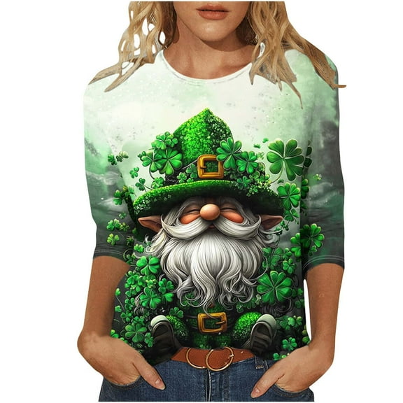 Goodeals Womens St Pattys Day T Shirt Green Funny Leprechaun Hat Shirts 3/4 Length Sleeve Tops Lucky Irish Shamrock Graphic Tees Top Round Neck Blouse(Green,L)