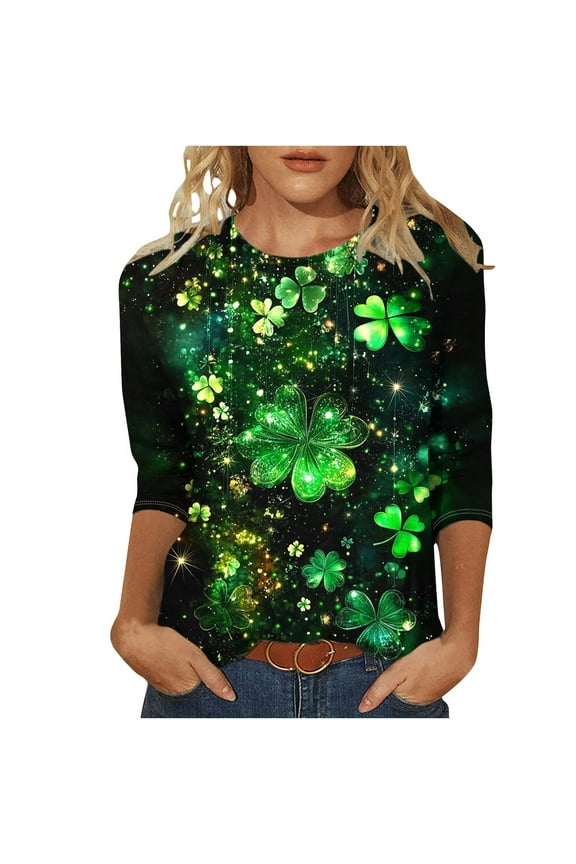 Womens St Pattys Day T Shirt Green Funny Leprechaun Hat Shirts 3/4 Length Sleeve Tops Lucky Irish Shamrock Graphic Tees Top Round Neck Blouse(Green,L)