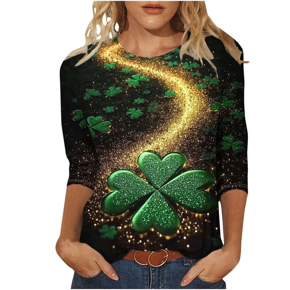 Goodeals Womens St Pattys Day T Shirt Green Funny Leprechaun Hat Shirts 3/4 Length Sleeve Tops Lucky Irish Shamrock Graphic Tees Top Round Neck Blouse(Green,S)