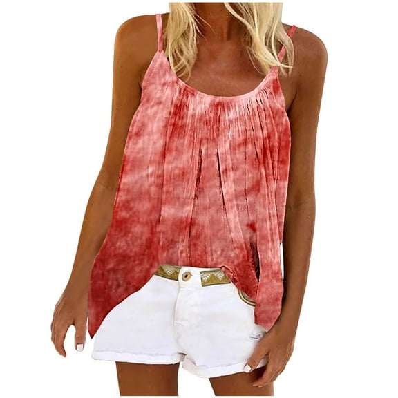 Goodeals Womens Summer Sleevless Tank Top Pleated Front Printed Outfits Flowy Loose Fit Blouses Spaghetti Strap Camisole Scoop Neck Cami Shirt(Watermelon Red,XXL)