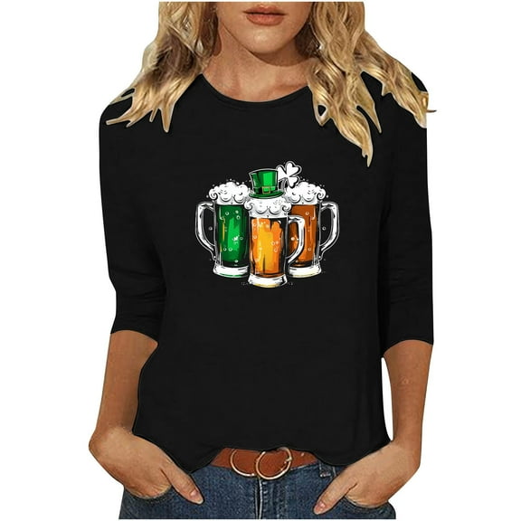 Goodeals Womens Tops Funny Lucky Irish Shamrock Leprechaun Graphic Shirts Casual 3/4 Sleeve Loose Fit T Shirts Tunics Fashion Saint Patricks Day Clover Tshirts(Black,XXL)